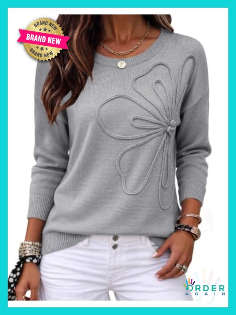 Women's 3D Floral Applique Crewneck Long Sleeve Pullover Sweater